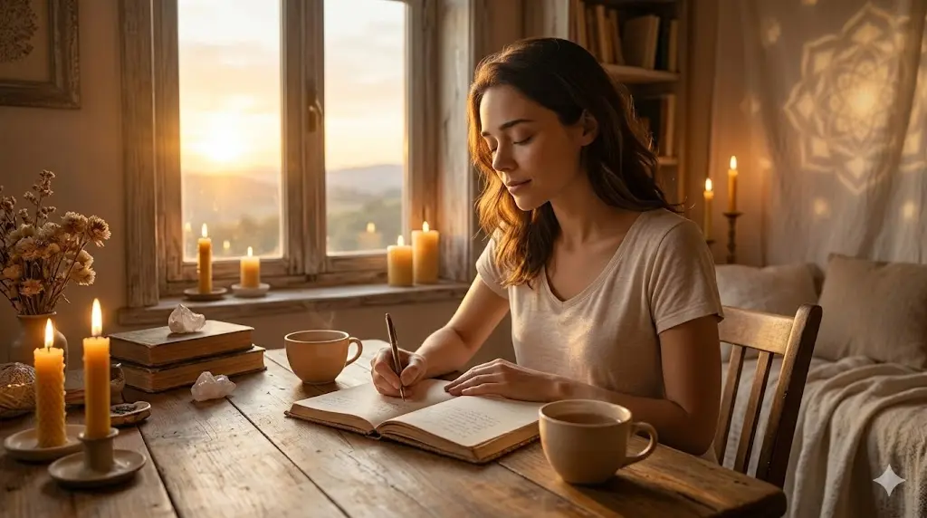 person writing in a spiritual journal in the morning with a cup of tea and candles nearby after a vivid dream