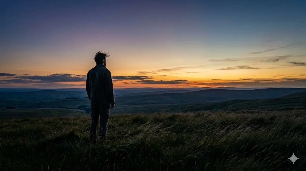 person standing alone on a hilltop at twilight looking at a vast open landscape, violet and indigo sky, symbolizing spiritual frequency shift and inner transformation