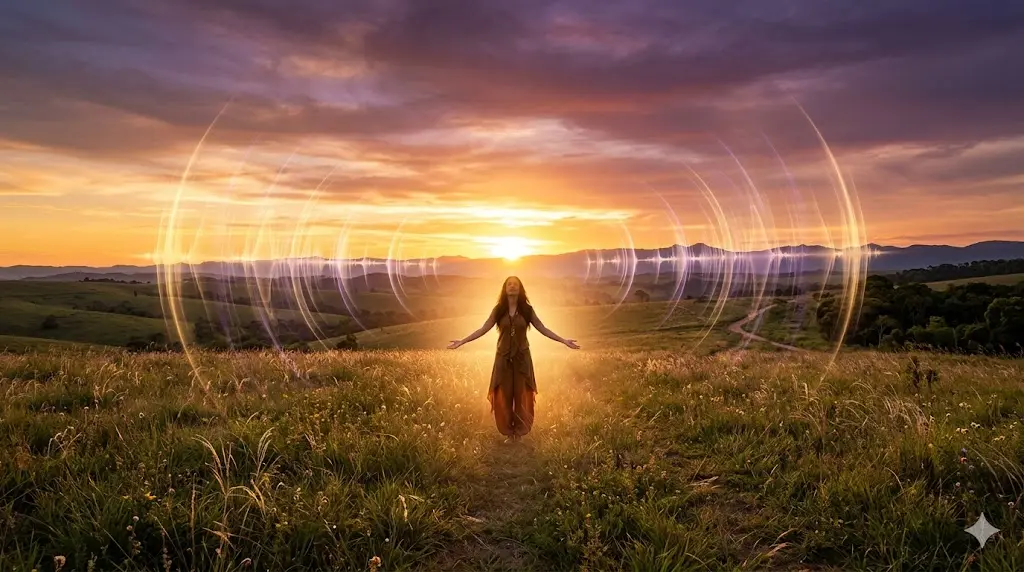 person standing in nature at sunset with arms open and musical sound waves radiating around them representing spiritual connection through music