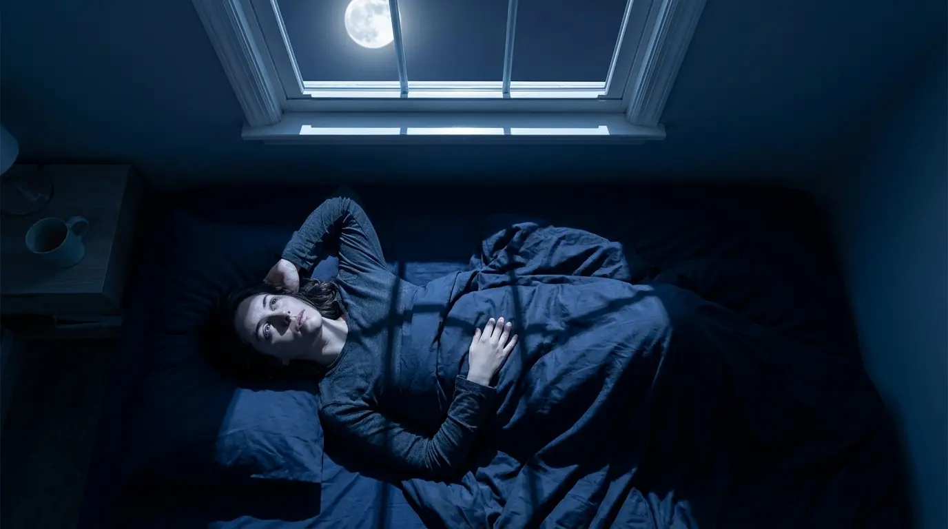 a person lying in bed with eyes open staring at the ceiling, a bright full moon visible through the window casting silver geometric shadows across the room, representing the spiritual causes of full moon insomnia