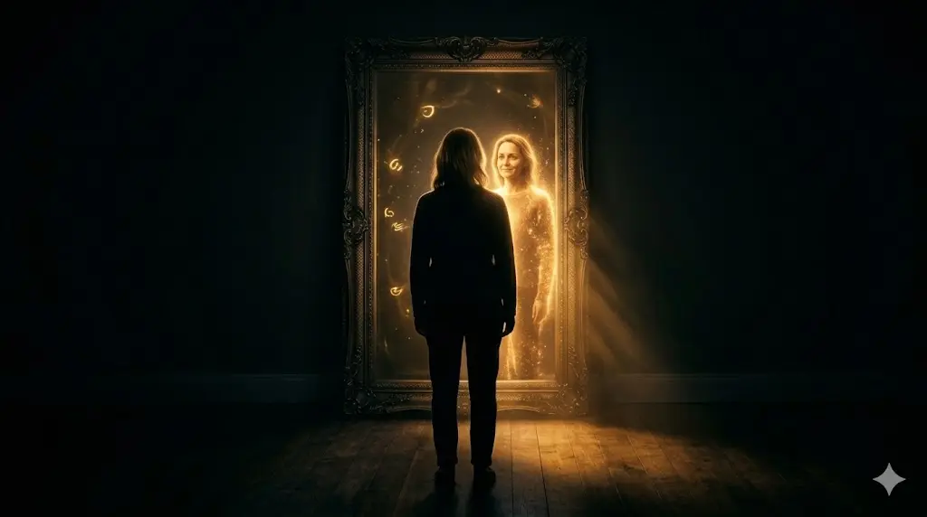 silhouette of a person standing before a large mirror reflecting light, symbolizing self-discovery through family
