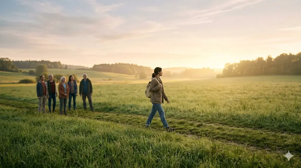 person walking away from a group of people toward an open field bathed in soft morning light, symbolizing spiritual growth and outgrowing an environment