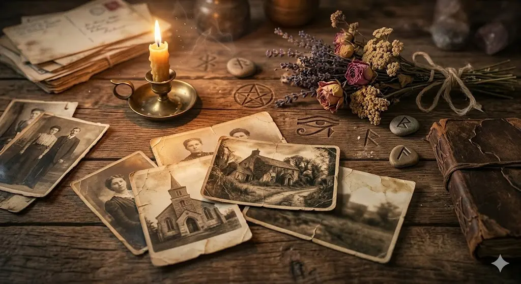 old photographs scattered on a wooden table with candles and spiritual symbols representing ancestral connection