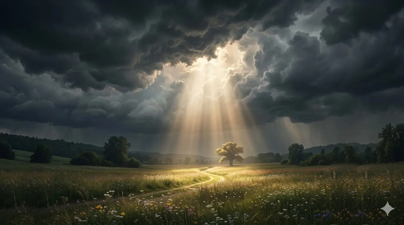Glowing spiritual light breaking through dark clouds representing hope and divine reconnection