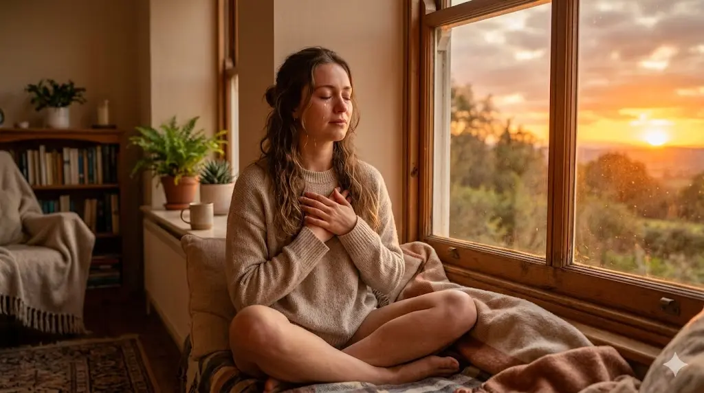 serene woman with tears on her cheeks sitting near a window at sunset, hands over heart, in a moment of deep spiritual awareness and emotional release