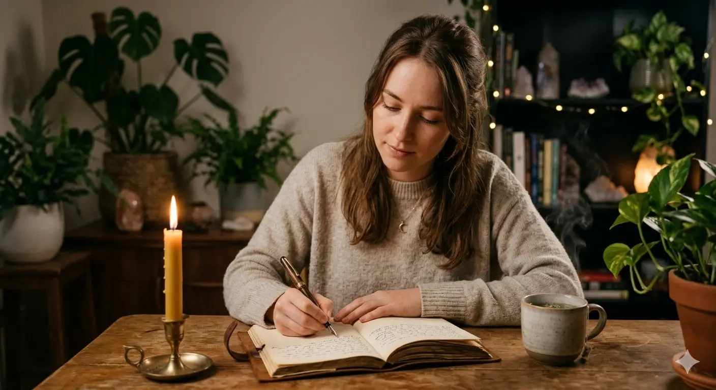 Person journaling by candlelight in a peaceful and spiritual setting
