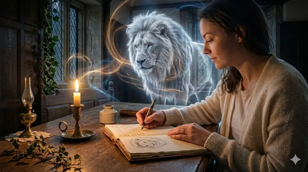 Person journaling by candlelight after a powerful spiritual dream about a white lion
