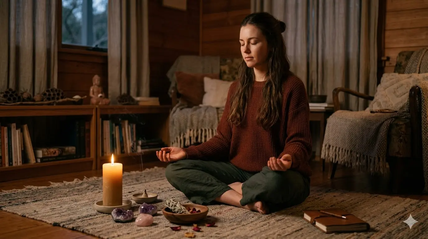 A young woman sitting cross-legged near a lit candle in a softly lit room, eyes closed in