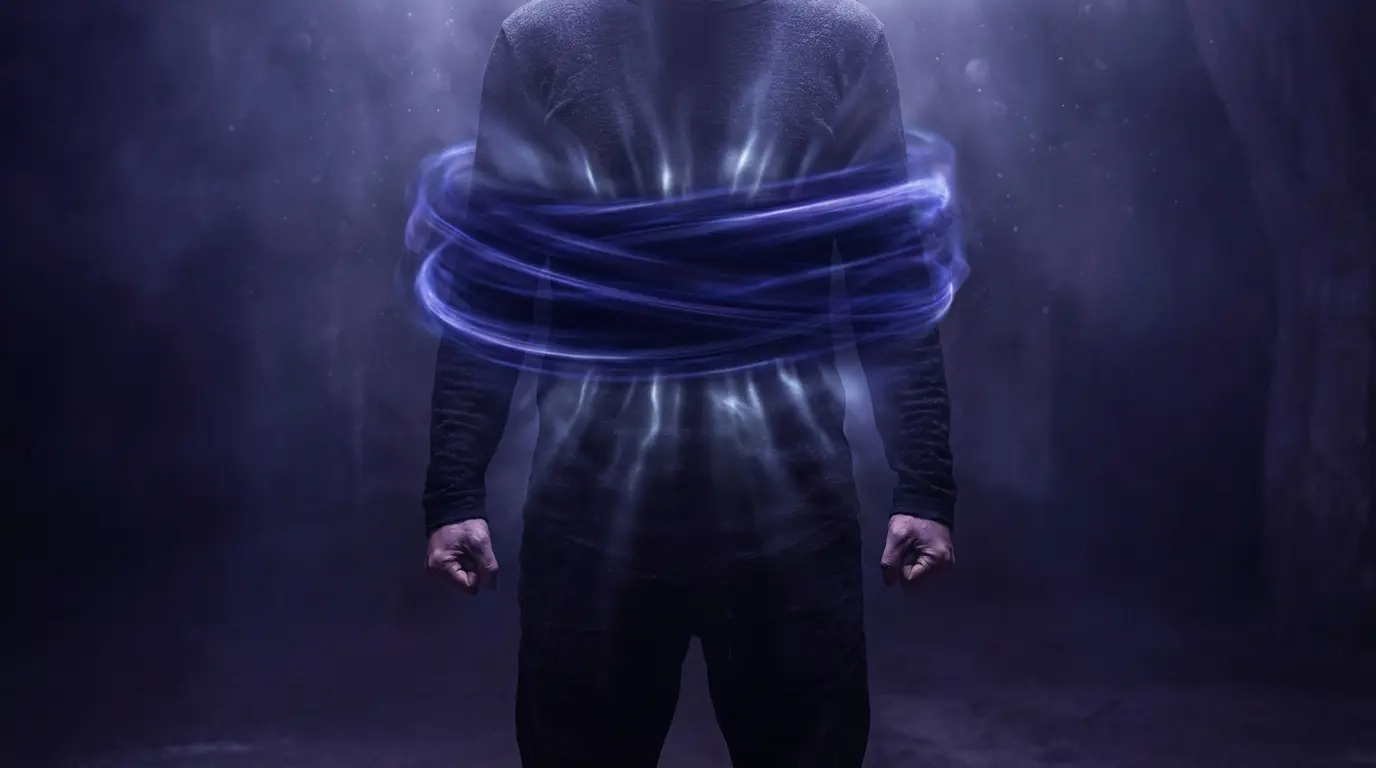 person standing still with concentrated indigo and violet energy compressing around their torso like a visible pressure, suggesting emotional intensity directed at a specific unresolved decision