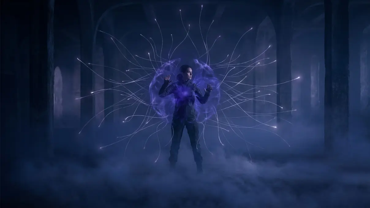 person standing in a dimly lit space with a visible indigo energy field expanding from the chest area, fine luminous threads reaching outward as if sensing the environment, representing emotional depth as a spiritual navigation system