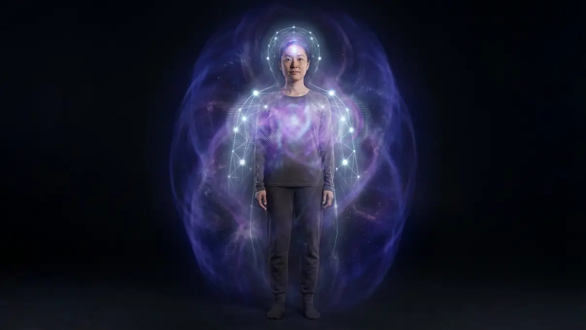 person standing with two overlapping visible fields around their body, one deep indigo representing spiritual energy and one clinical pale blue-white representing physical systems, showing the overlap between spiritual sensitivity and medical conditions