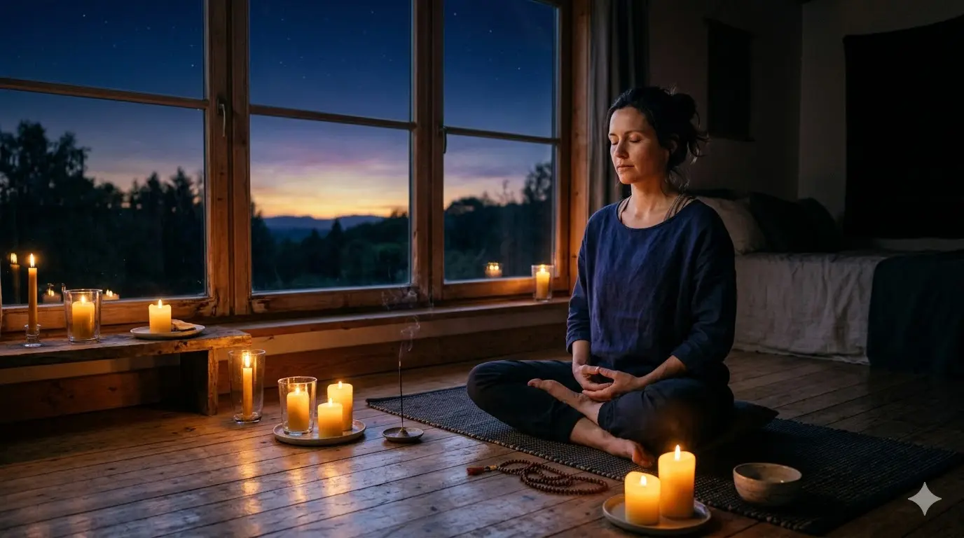 person meditating in lotus position before dawn with soft golden light on the horizon representing Brahma Muhurta spiritual hour