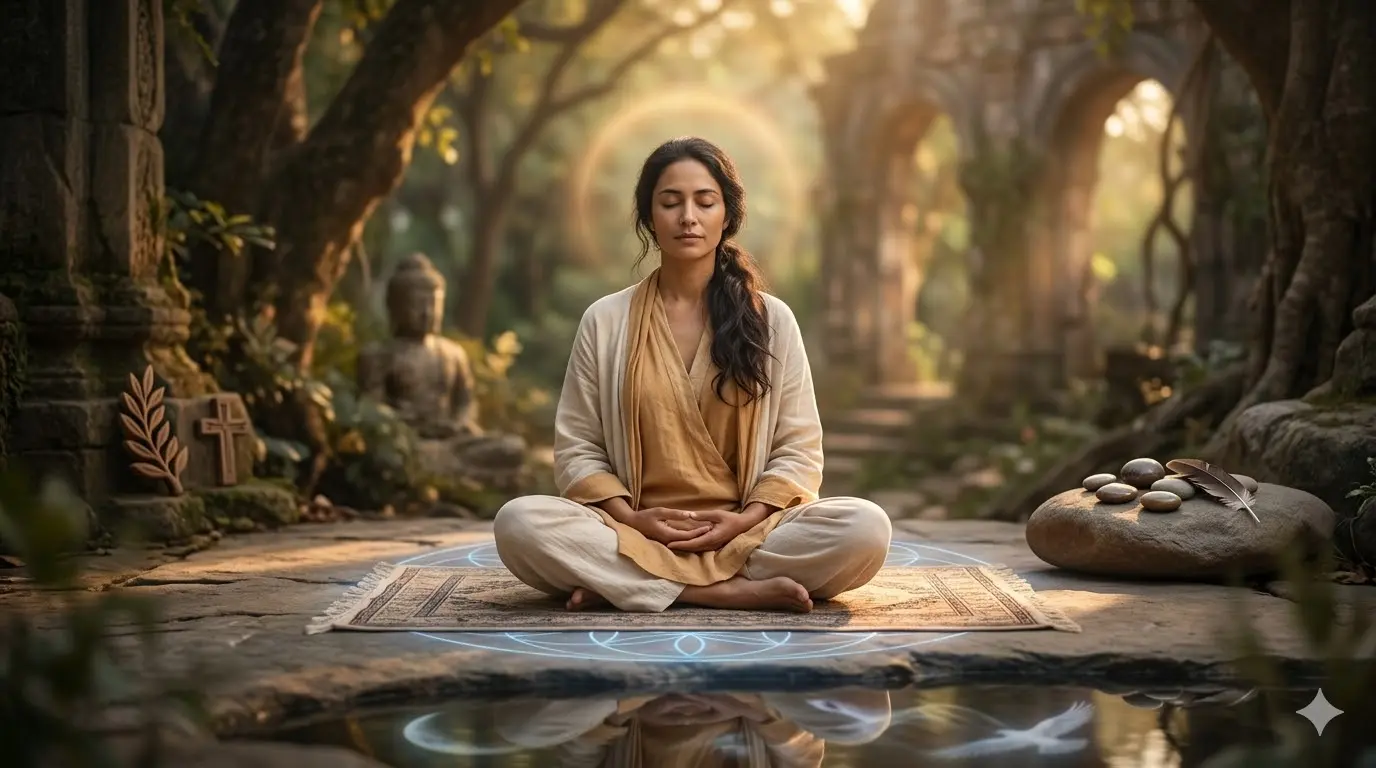 Peaceful spiritual scene with symbolic elements representing different traditions and dream meaning