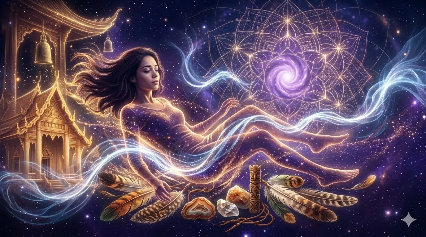 collage representing different spiritual traditions including Buddhism, Spiritism and shamanism with dream symbols