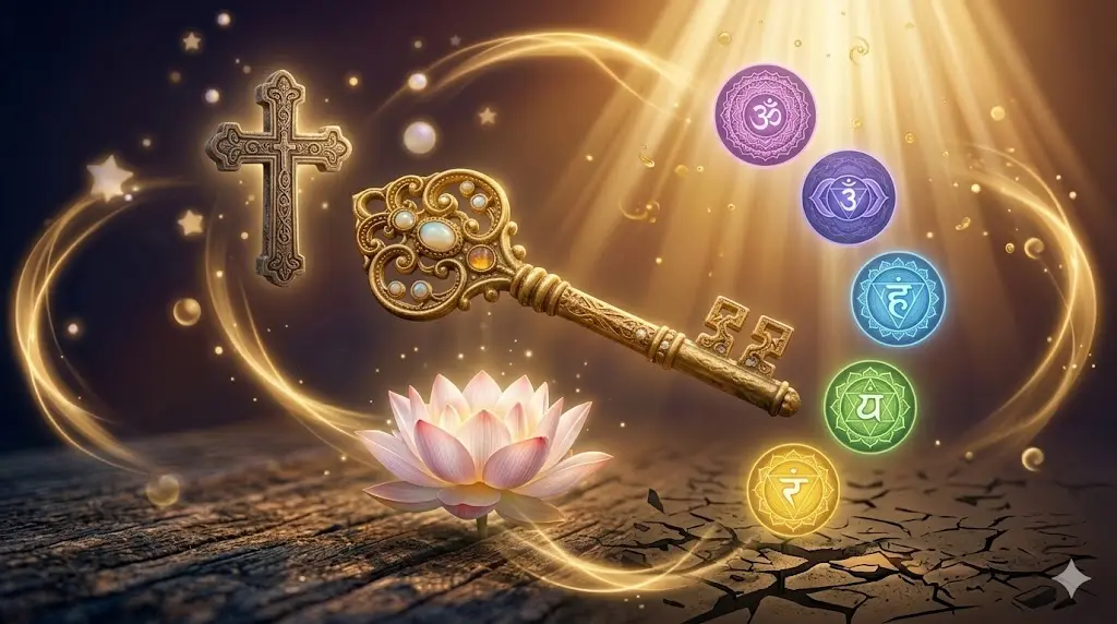 golden key surrounded by diverse spiritual symbols representing Christianity, Buddhism, and New Age traditions