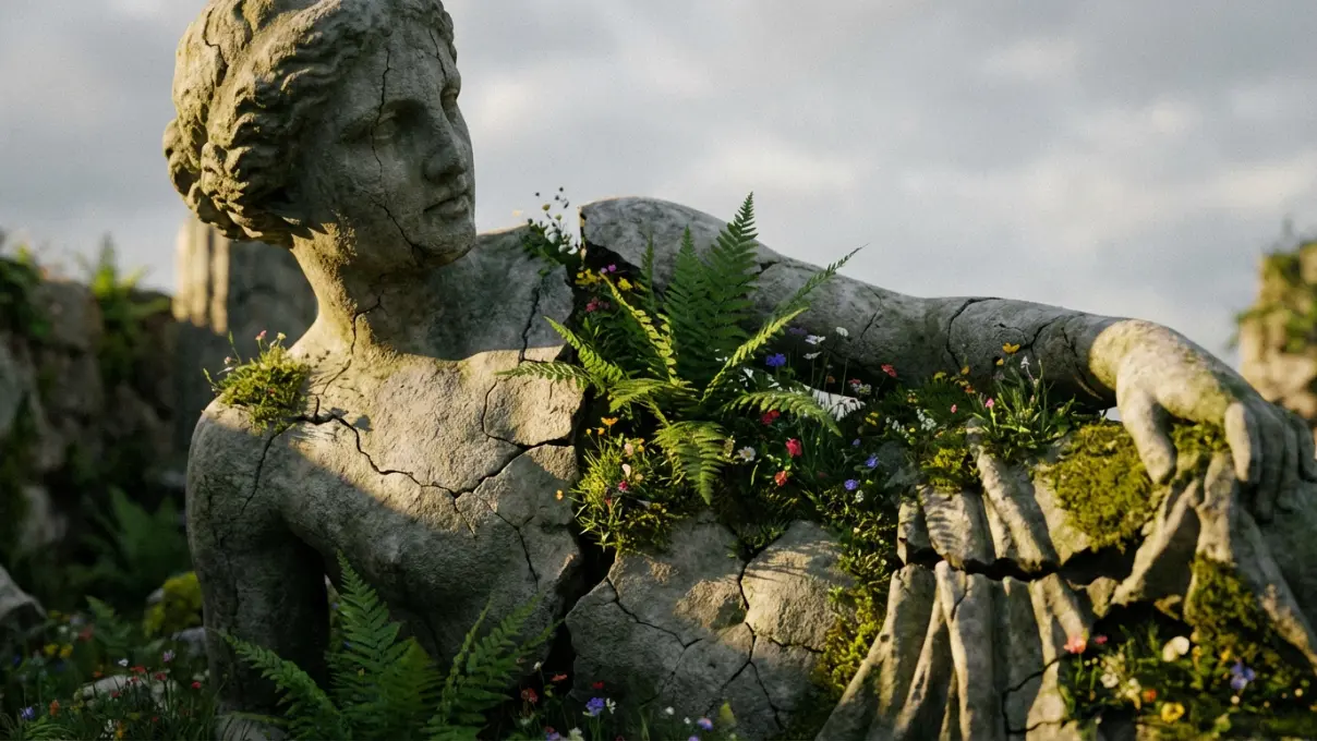ancient weathered statue partially crumbled with green plants growing through the cracks, representing rebirth through destruction across spiritual traditions