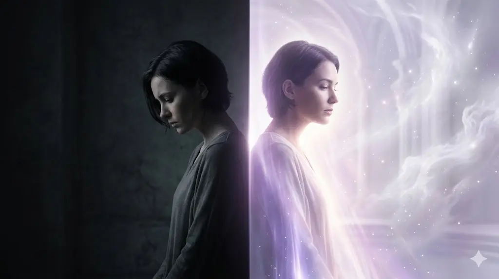 split image showing a person in shadow on one side and a person surrounded by soft light on the other, representing emotional wound versus spiritual elevation