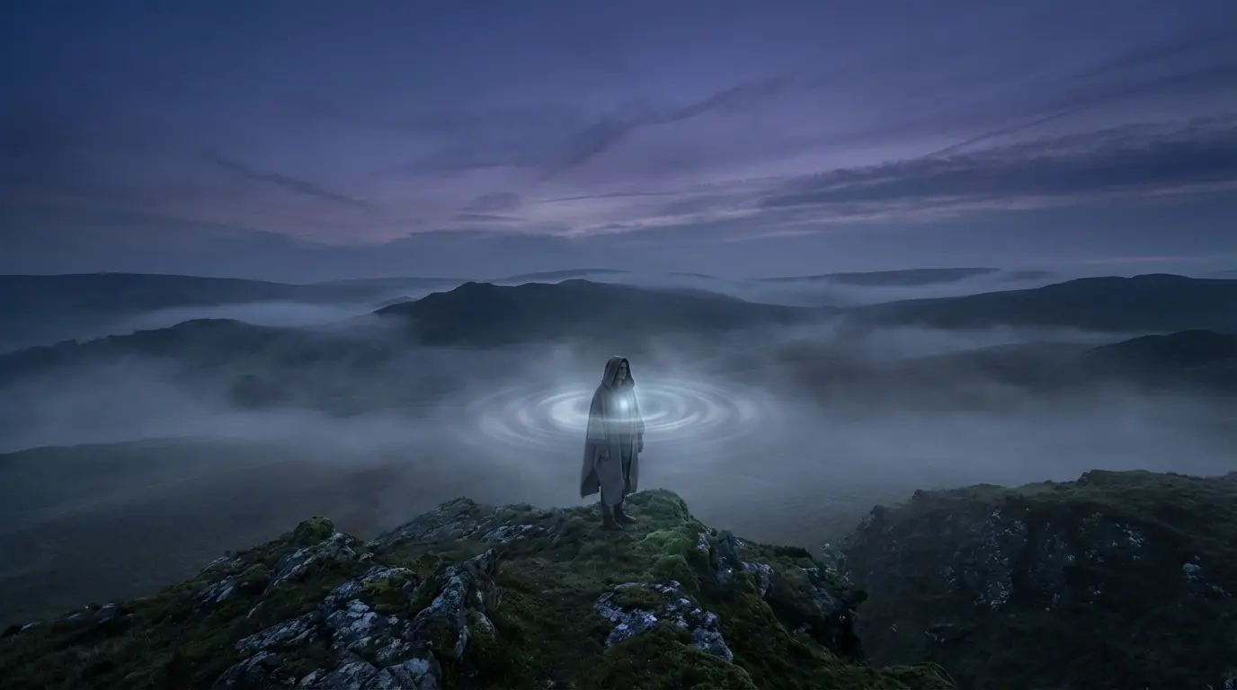 a lone figure standing in a misty landscape at night with a faint luminous pulse radiating outward from their chest, symbolizing a protective spiritual signal sent across distance