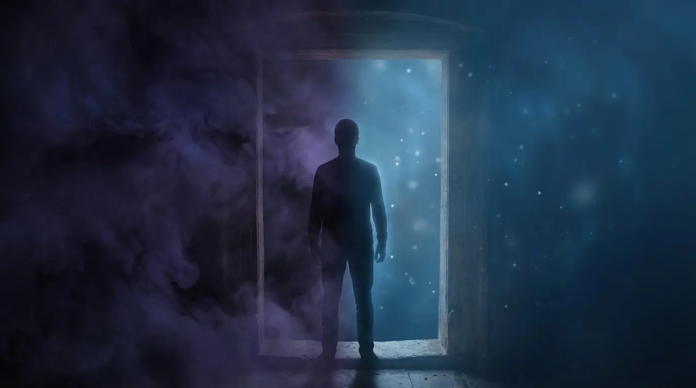 person standing at the threshold between two contrasting spaces, one side dense with dark violet heavy energy and the other side open with clear deep blue calm, representing environmental sensitivity overload