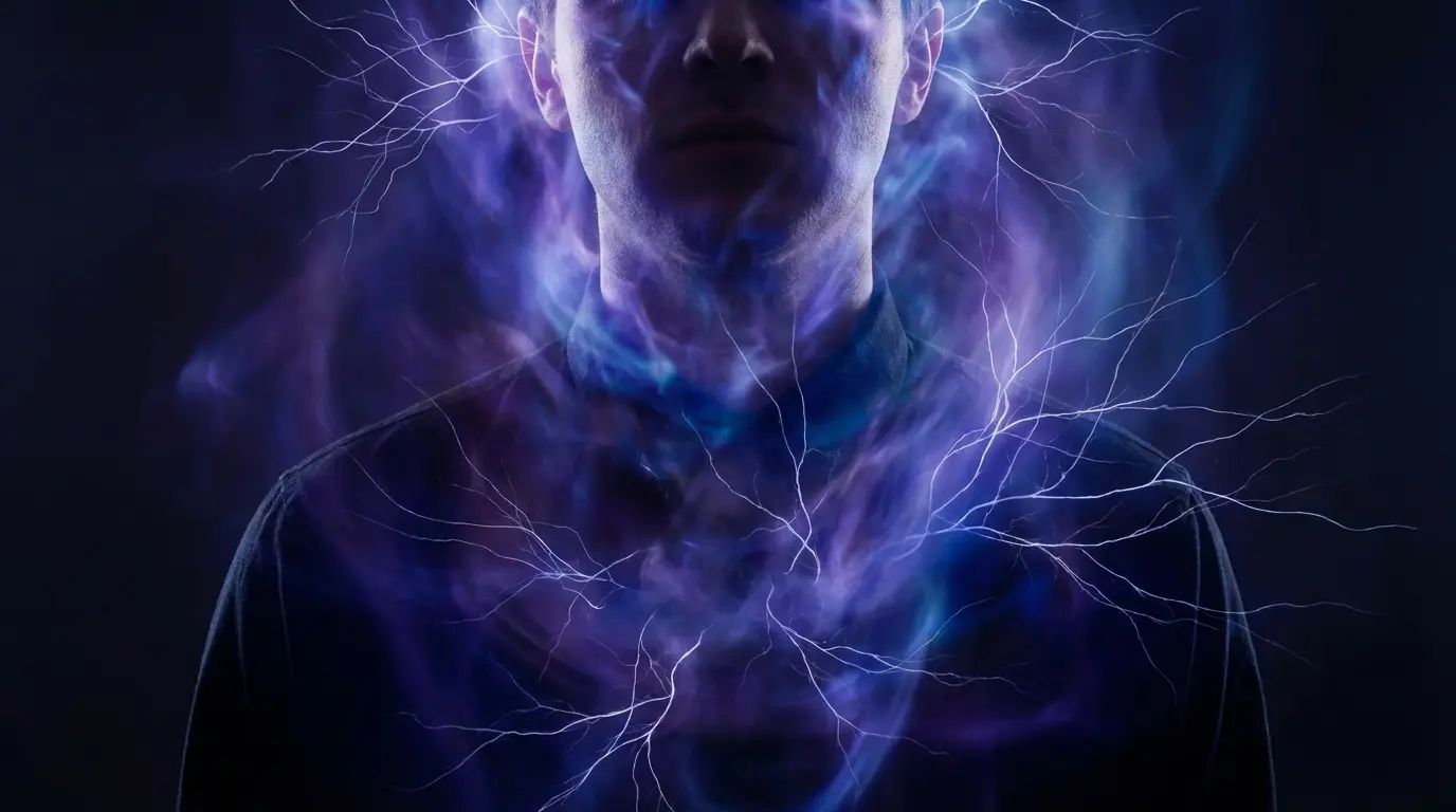 close-up of a person's upper body with a visible dense indigo energy field concentrated around the head and chest, representing the high-bandwidth nervous system of a spiritually sensitive person