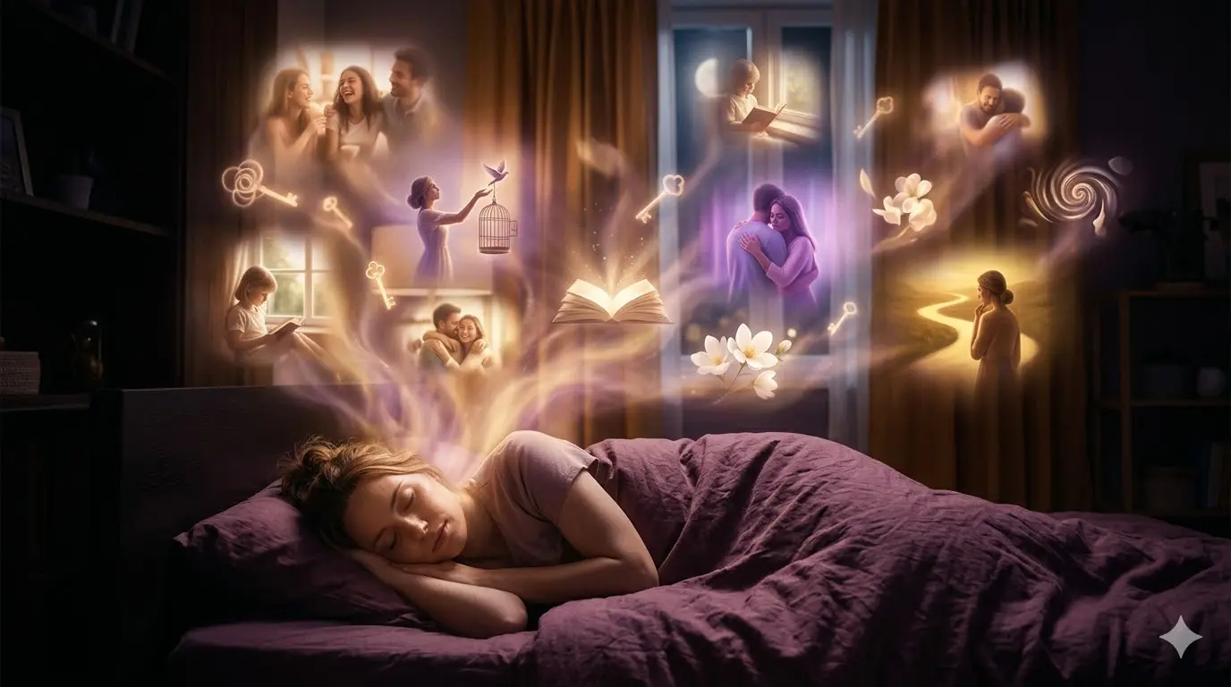 Surreal illustration of a woman's mind processing memories and emotions through dream symbolism