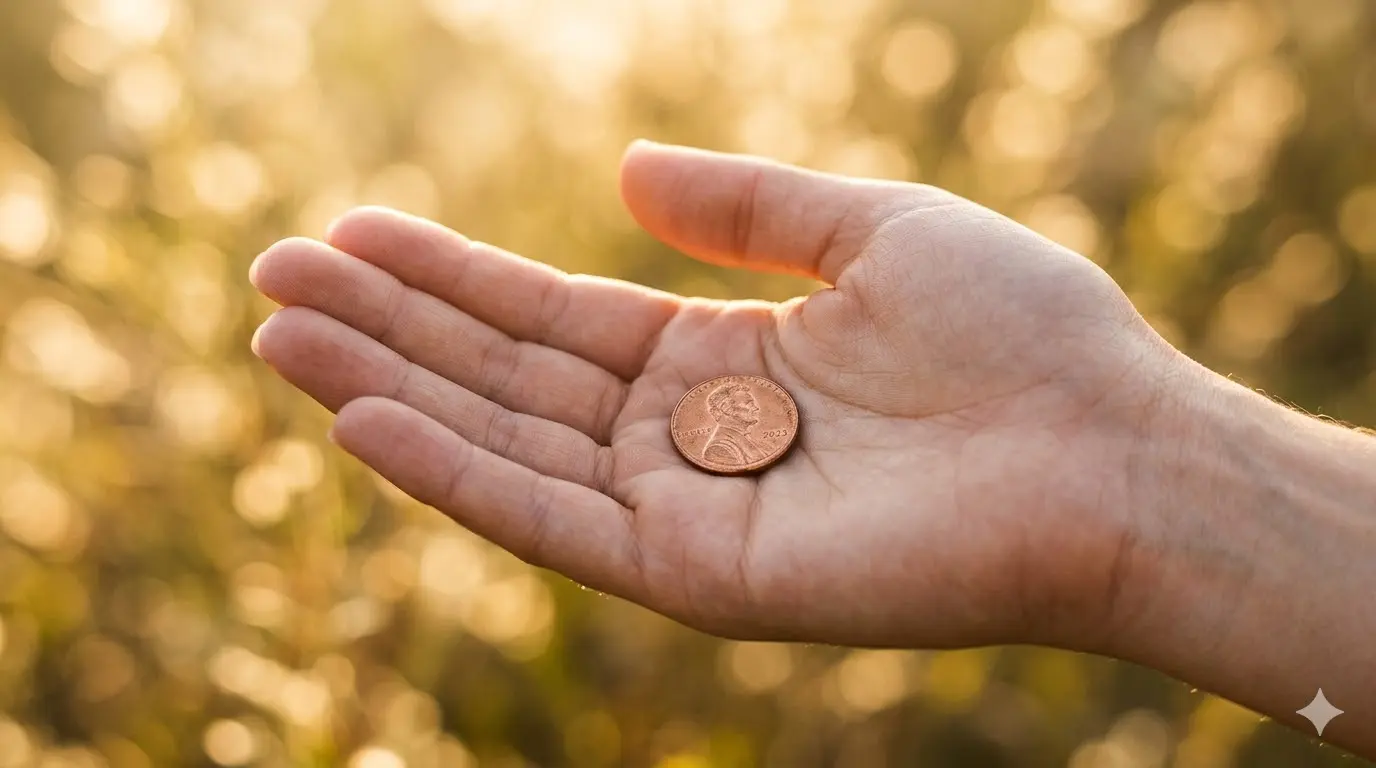 open hand holding a shiny penny with soft golden light in the background symbolizing spiritual meaning