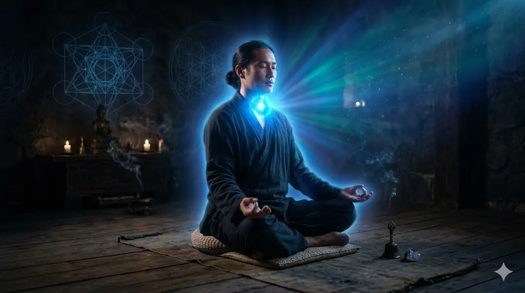 Person meditating with a glowing blue throat chakra light in a serene dark room