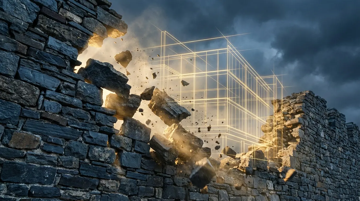 architectural blueprint overlaid on a crumbling stone wall with golden light flooding through the structural gaps, representing the Tower Moment as intentional demolition during manifestation