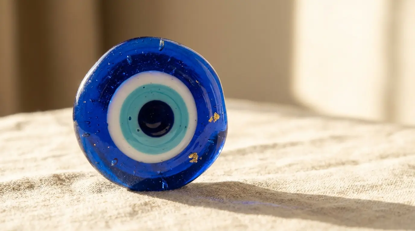 handmade traditional Turkish nazar boncuk in deep cobalt blue glass with visible layers and artisan craftsmanship, resting on natural linen fabric