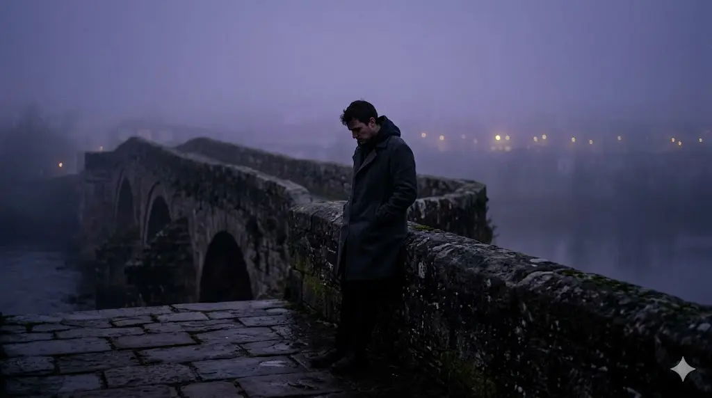 silhouette of a person standing alone on a foggy bridge at dusk, cool violet tones, representing twin flame separation pain