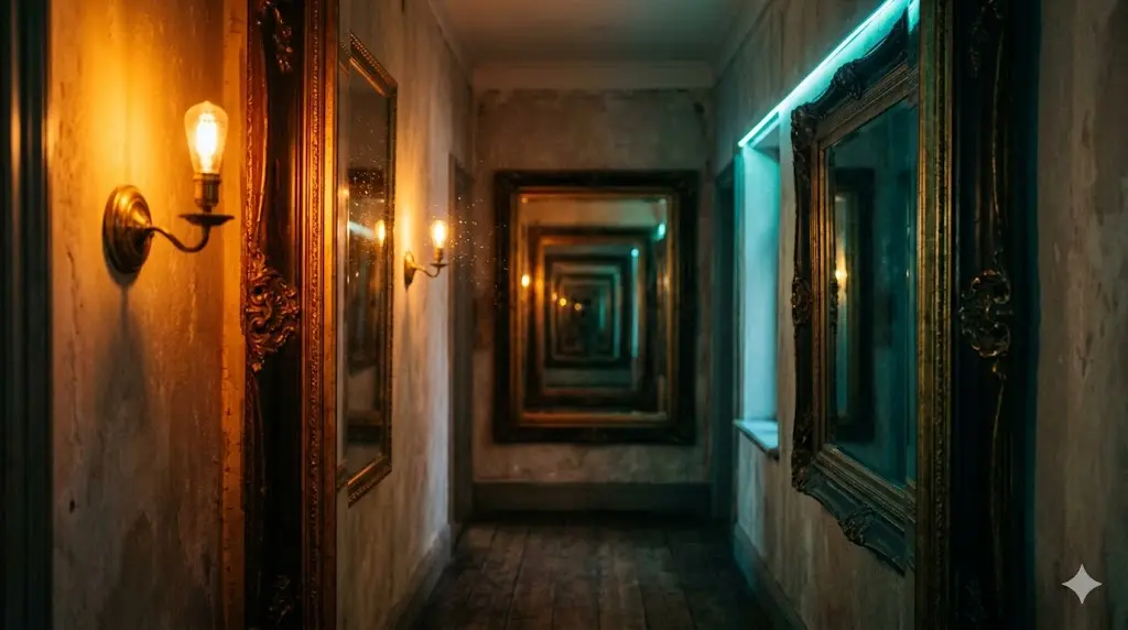 two facing mirrors reflecting each other infinitely in a dark room with amber and teal light, symbolizing twin flame mirror effect