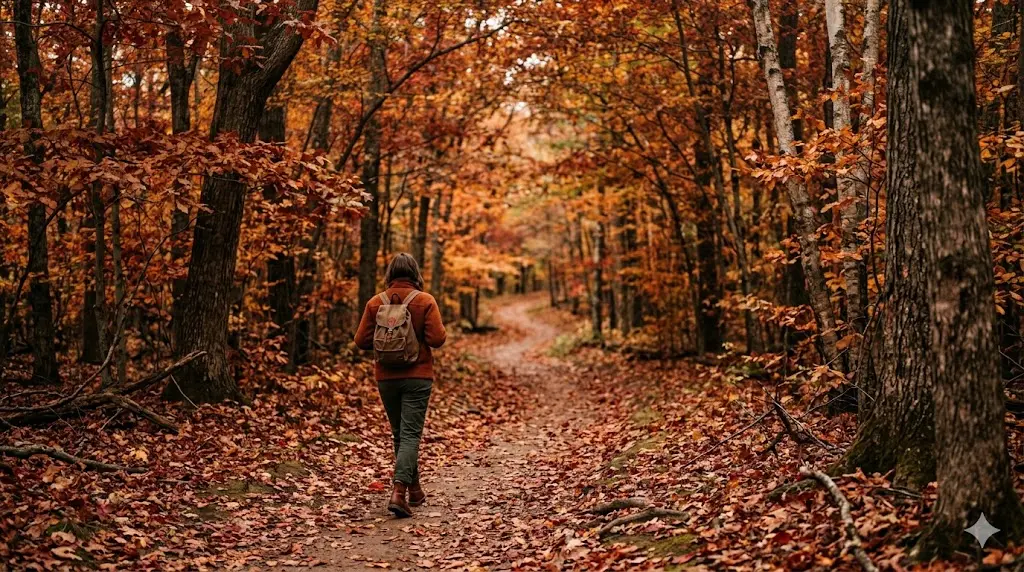 person walking alone on a forest trail during autumn with red and orange leaves, soft natural light, representing identity rebuilding during twin flame separation