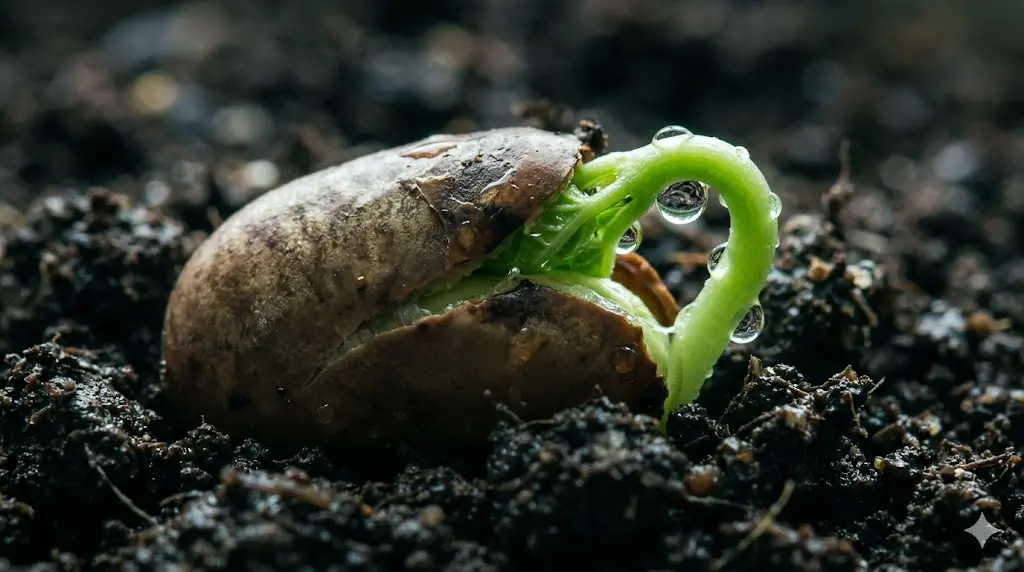 close-up of a cracked seed sprouting a green shoot through dark soil, dramatic macro photography with cool earthy tones, symbolizing growth signs during twin flame separation