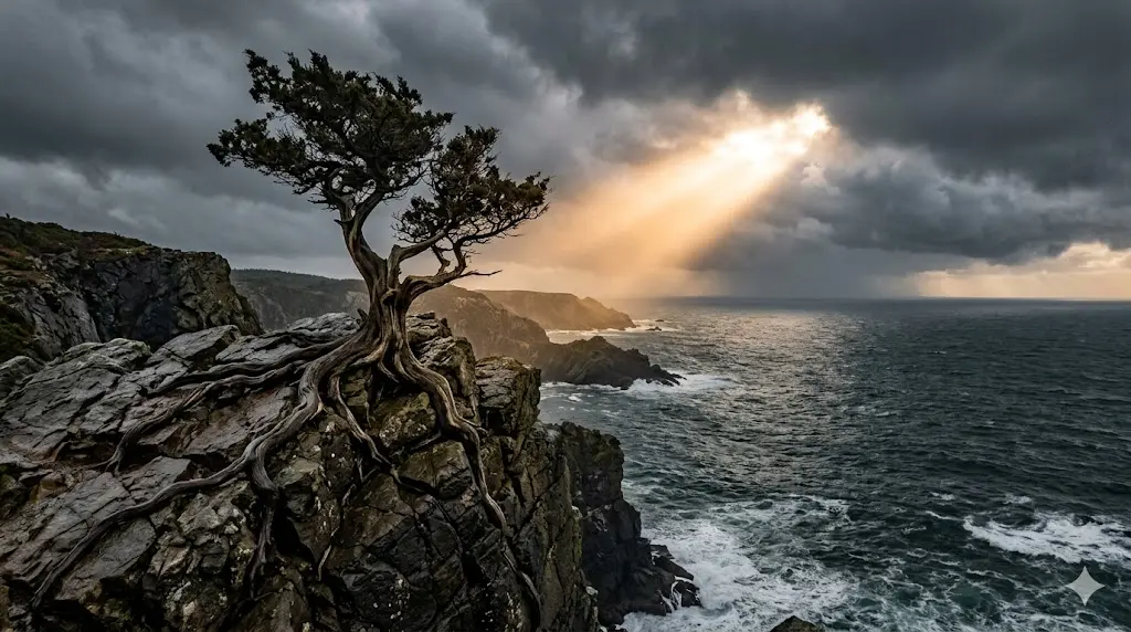 a single tree growing on a rocky cliff edge against a vast stormy sky with golden light breaking through clouds, representing spiritual growth during twin flame separation