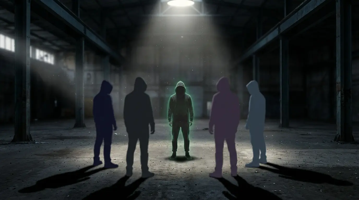 five distinct shadow figures standing in a semicircle around a central illuminated person, each shadow cast in a slightly different shade of violet and gray, representing different types of energy vampires surrounding an empath