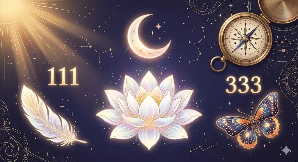 Collection of spiritual symbols including angel numbers feathers butterflies and light representing signs from the universe