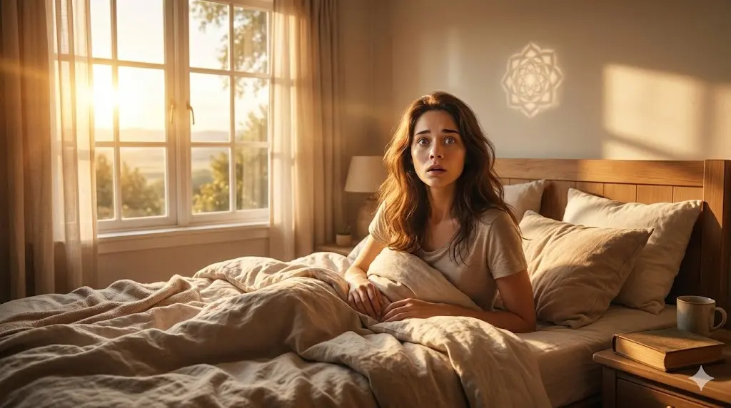 person waking up suddenly in bed with eyes wide open, sunrise light entering the room, spiritual awakening moment