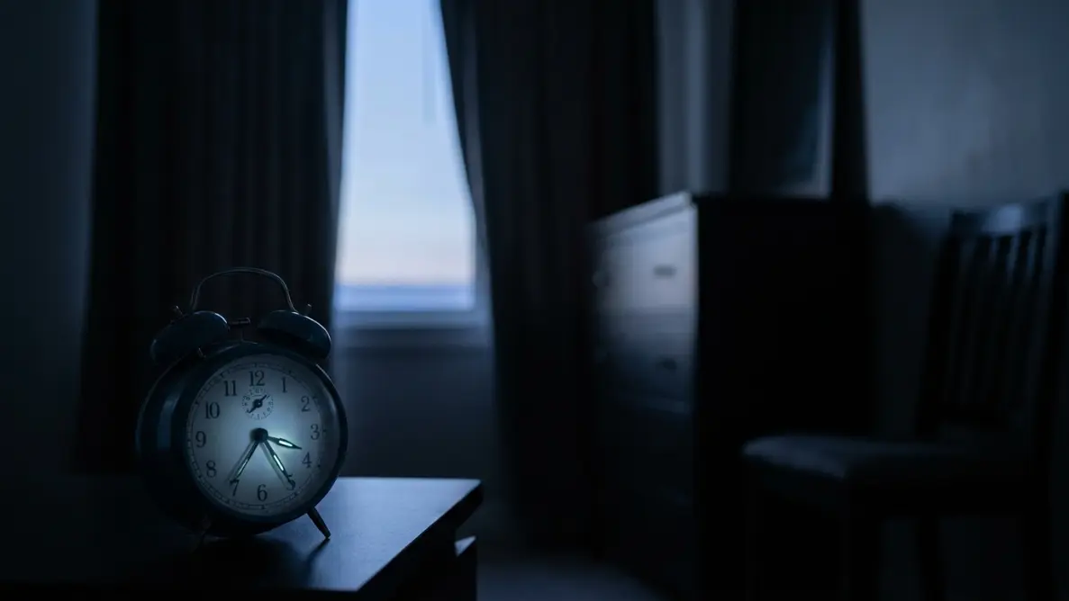 clock face showing 4:50 AM with soft pre-dawn light beginning to appear through a window, representing the transition within the 3AM to 5AM spiritual window
