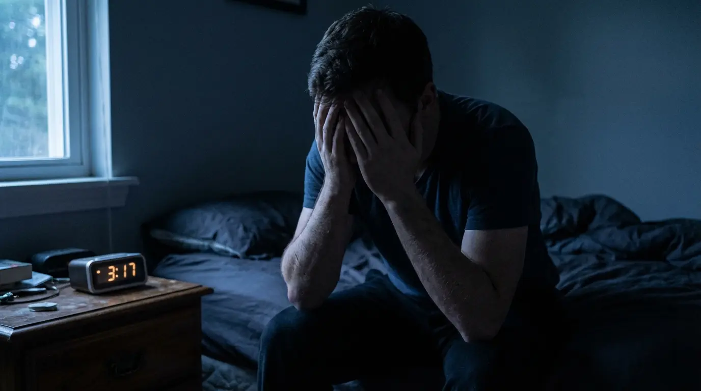 person sitting on the edge of a bed in a dark room at night with faint blue moonlight, hands on their face, alarm clock visible on nightstand, representing waking up distressed after a plane crash nightmare