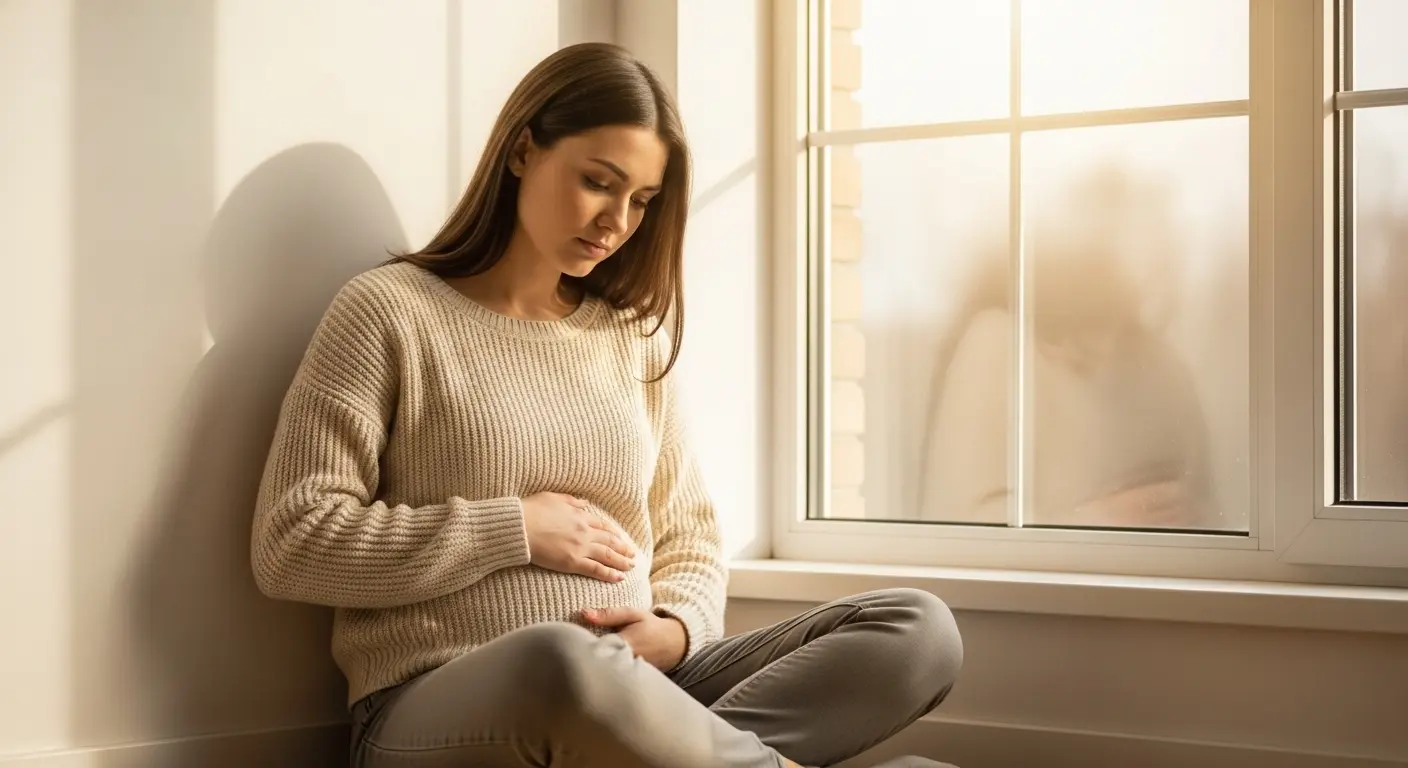 woman sitting on the floor near a sunny window with a thoughtful expression, holding a warm cup, representing reflection after a vivid pregnancy dream