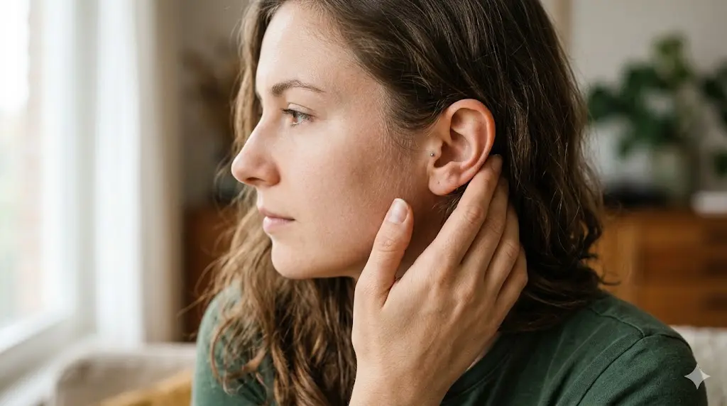close-up of a real woman's ear with her hand gently raised near it in a quiet moment of awareness, soft natural light, representing the response to ear burning sensation