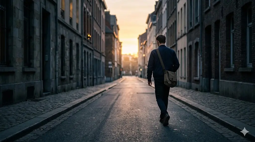 person walking alone on a quiet city street at dawn, first light breaking over buildings, posture suggesting determination and forward movement