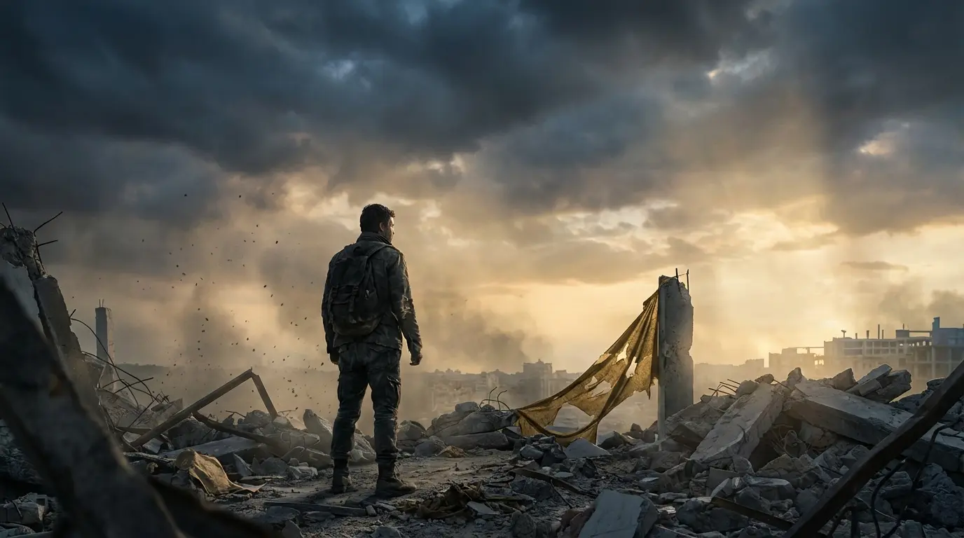 person standing on stable ground surrounded by settling debris and dust, golden light now dominant in the sky above the cleared destruction, representing the rebuilding phase after a Tower Moment in manifestation