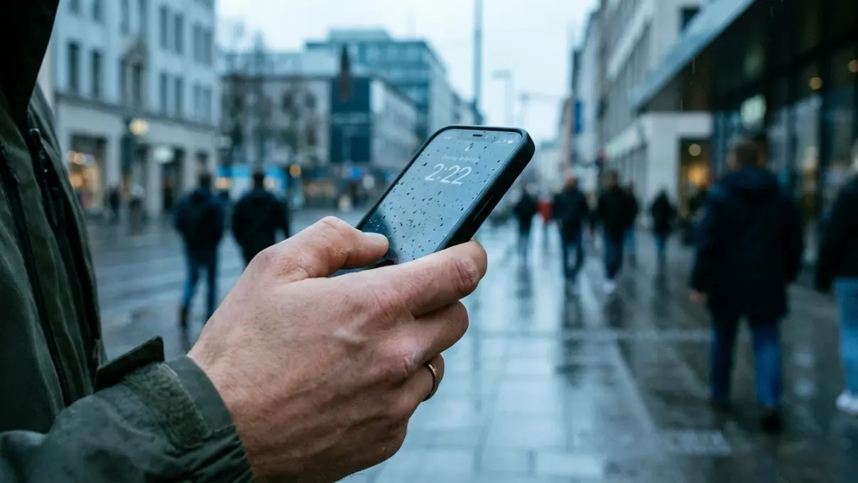 close-up of a person's hand holding a phone showing 2:22 with blurred city street in background, cool-toned natural light, representing what to do when you keep seeing 222