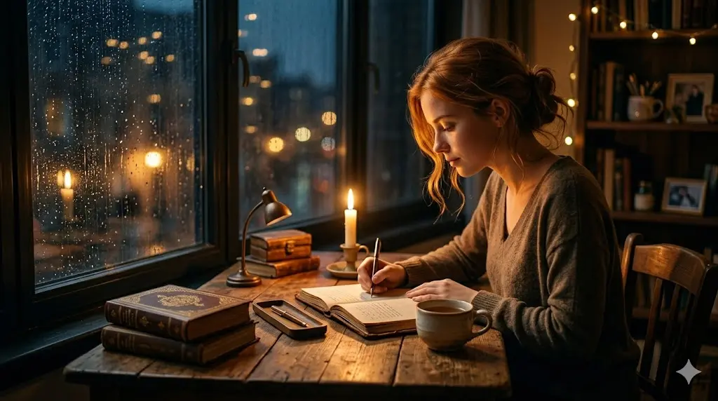 person journaling by candlelight in a peaceful and reflective setting