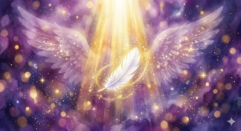 Symbolic illustration of a white feather with angelic wings and soft light in a spiritual setting