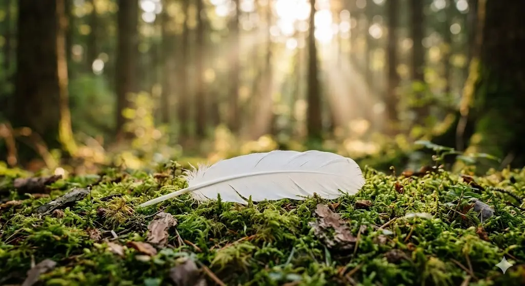 White feather resting on a forest floor with soft morning light filtering through trees