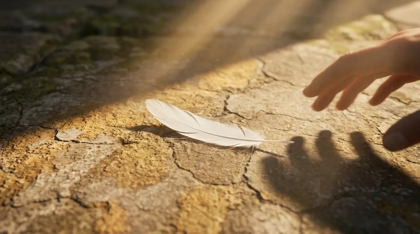 white feather lying on a cracked stone surface with warm golden light and a hand shadow approaching it, symbolizing the dream meaning of finding a white feather