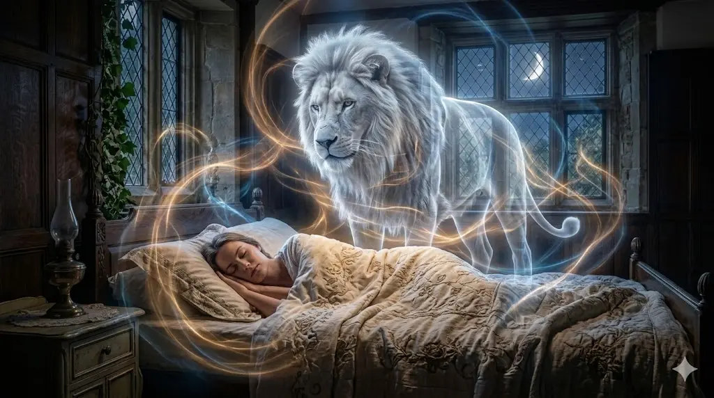 Person sleeping peacefully while a glowing white lion stands guard in a dream vision above them
