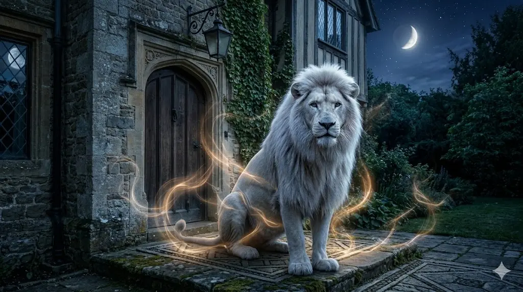White lion sitting at the entrance of a house at night with a spiritual protective glow around it